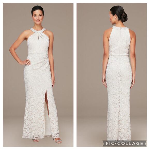 Alex Evenings Long Halter Lace Sheath Dress with Skirt Slit in Taupe Size 8 - Picture 1 of 7